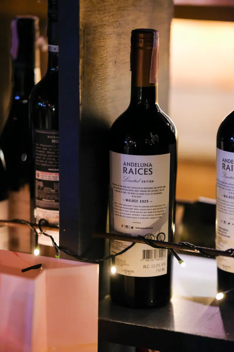 Bottles of red lined up at the counter, the fairy lights behind · Vermut Café, רחוב ההליכה בפאי